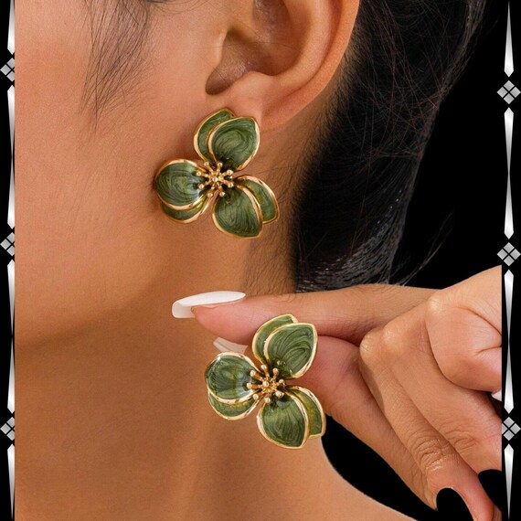 Green Enamel Flower Earrings: Gold Trim Botanical Studs 
