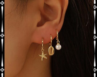Gold Beach Charm Hoop Earrings: Starfish, Shell & Pearl Dangles