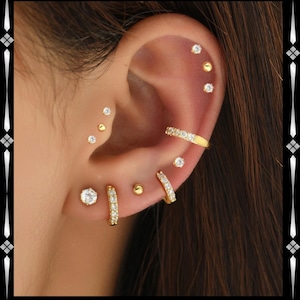 Gold Crystal Cartilage Hoop Earring Set – Dainty CZ Ear Stack with Studs and Huggies, Multiple Piercing Jewelry Gift for Her
