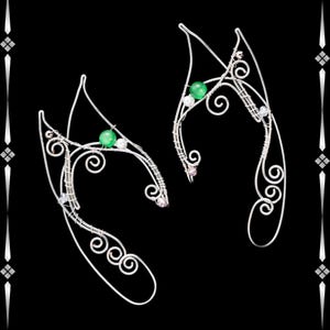 Elven Wire Ear Cuffs with Green Gem – Handmade Fantasy Elf Earrings for Women, Cosplay Jewelry, Fairycore Accessory, No Piercing Needed