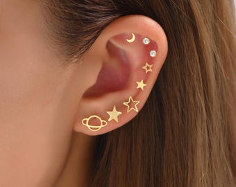 Celestial Stud Earring Set: Gold Star Moon Planet Cartilage Earrings