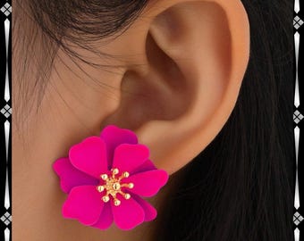 Hot Pink Flower Statement Earrings: Gold Center, Lightweight Floral Studs