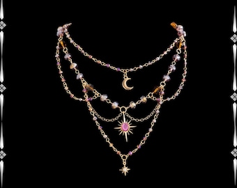 Gelaagde Fairycore-ketting met kralen: kwastje maan, ster en kristal