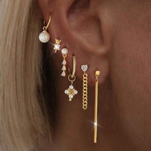 May include: A collection of gold earrings, including a pearl drop, a small bear, a chain, and a long bar. The earrings are displayed on an ear, showcasing various designs and textures. The jewelry is set against a blurred background.