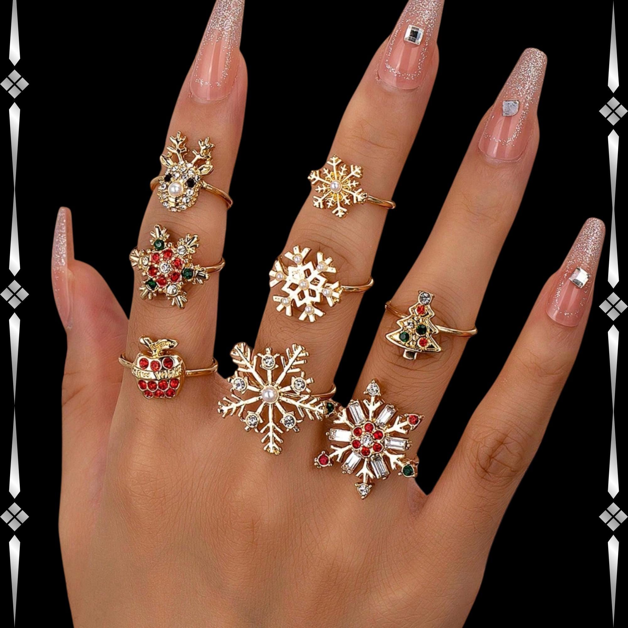 Chrsmas Rings Christmas Ring Set – 8pc Gold Snowflake, Reindeer & Tree Rings With ...