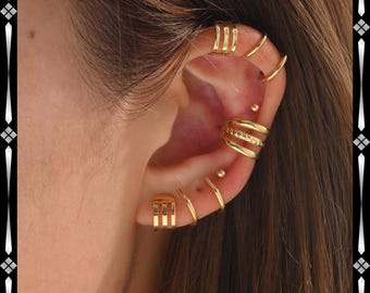 Juego de aretes de oro tipo puño: aros apilables, sin necesidad de perforar con clip.