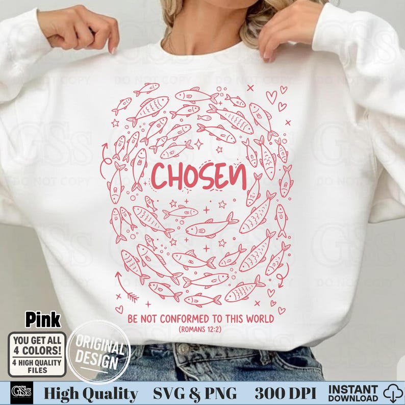 Model wearing a white sweatshirt with a pink line-art "Chosen" Romans 12:2 scripture design.
