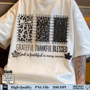 White shirt with black embroidery style leopard bows and “Grateful Thankful Blessed” text PNG