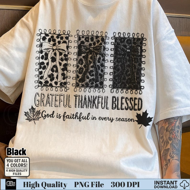 White shirt with black embroidery style leopard bows and “Grateful Thankful Blessed” text PNG