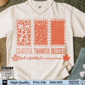 White tee with orange grunge leopard bows and Christian autumn quote sublimation PNG