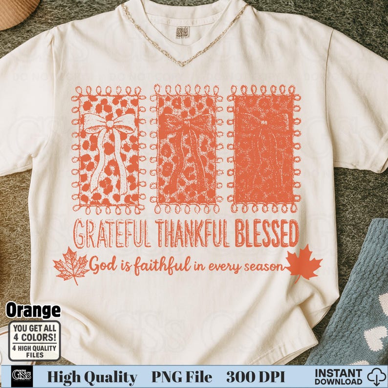 White tee with orange grunge leopard bows and Christian autumn quote sublimation PNG