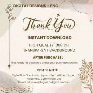Op de afbeelding: Een digitaal ontwerp met de woorden "Thank You" in een decoratief lettertype. De afbeelding bevat tekst over direct downloaden, hoge kwaliteit en een transparante achtergrond. Het merkt ook op dat het bestand voor persoonlijk en commercieel gebruik is.