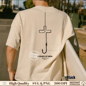 Bibbia cristiana PNG, croce con amo PNG, pescatori di uomini, Matteo 4:19 Scrittura, scarabocchio vintage minimalista, clipart per sublimazione su maglietta