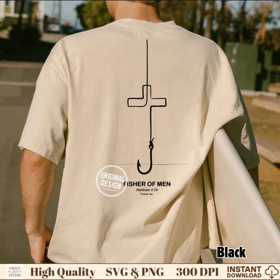 Christian Bible PNG, Cross Fish Hook PNG, Fisher of Men, Matthew 4 19 Scripture, Minimalist Vintage Doodle, Shirt Sublimation Clipart