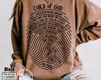 Christian Bible Verse PNG Fingerprint Child of God PNG Created In His Image Doodle Retro Faith Baptism Gift Shirt Sublimation Clipart