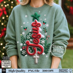 May include: A sage green sweatshirt featuring a Christmas tree design with the word "Jesus" in red. The tree is decorated with snowflakes, stars, and holly berries. The sweatshirt has the text "Original Design" and "High Quality PNG File 300 DPI".