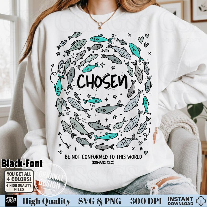 White sweatshirt with "Chosen" teal fish design on a model in a bright setting.