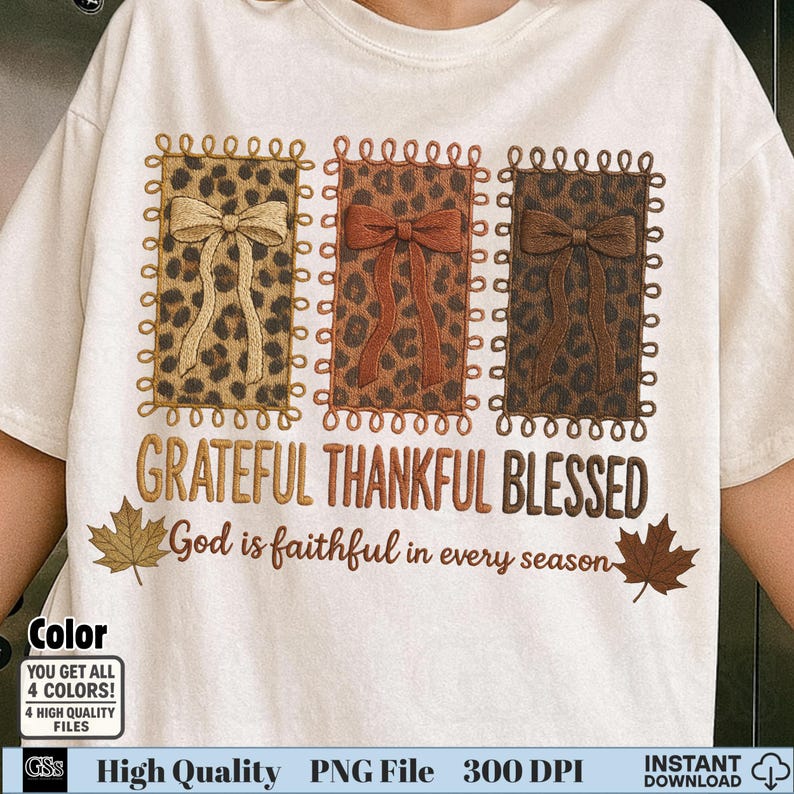 Off-white t-shirt with leopard patch bows and fall Scripture quote PNG