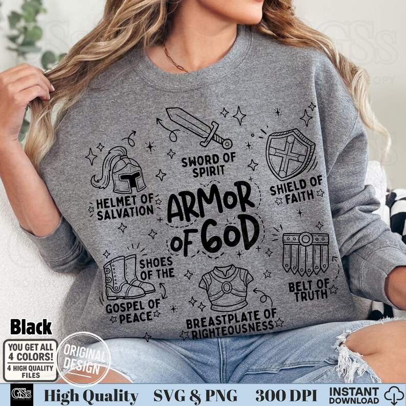 Black line art sketch style Armor of God design on grey crewneck for youth group.