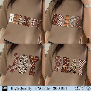 Pode incluir: Quatro camisetas marrons com diferentes designs de texto. As palavras "BELIEVE", "GRACE", "JOY" e "PRAY" são exibidas em vários padrões, incluindo xadrez, estampa de leopardo e designs florais. O texto "John 1:12", "Colossians 1:2" e "John 16:22" também é visível.