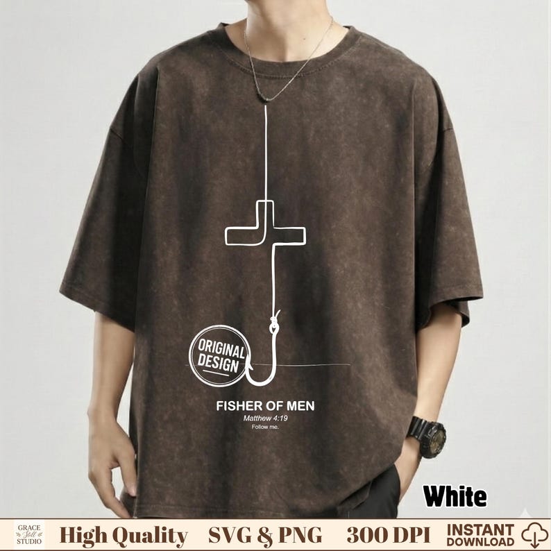 Vintage Doodle Cross Fish Hook Religious Graphic PNG Acid Wash Background