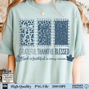Blue shirt with embroidered illusion leopard bows and Bible verse “God is faithful in every season” PNG