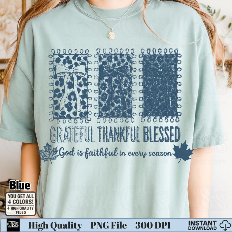 Blue shirt with embroidered illusion leopard bows and Bible verse “God is faithful in every season” PNG