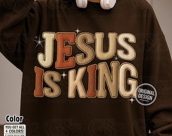 Jesús es el Rey Patchwork PNG, Ilusión de bordado cristiano (Descarga digital)