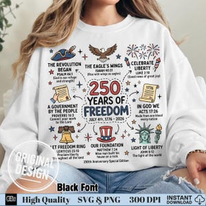 Puede incluir: Sudadera blanca con un diseño patriótico que celebra 250 años de libertad. Presenta ilustraciones de un águila, fuegos artificiales, la Campana de la Libertad y la Estatua de la Libertad. Incluye texto como "250 Years of Freedom" y varias citas.