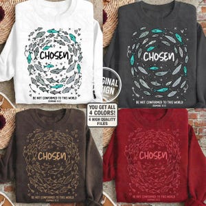 Product comparison showing 4 t-shirt colors with the "Chosen" Bible verse design in various fonts.