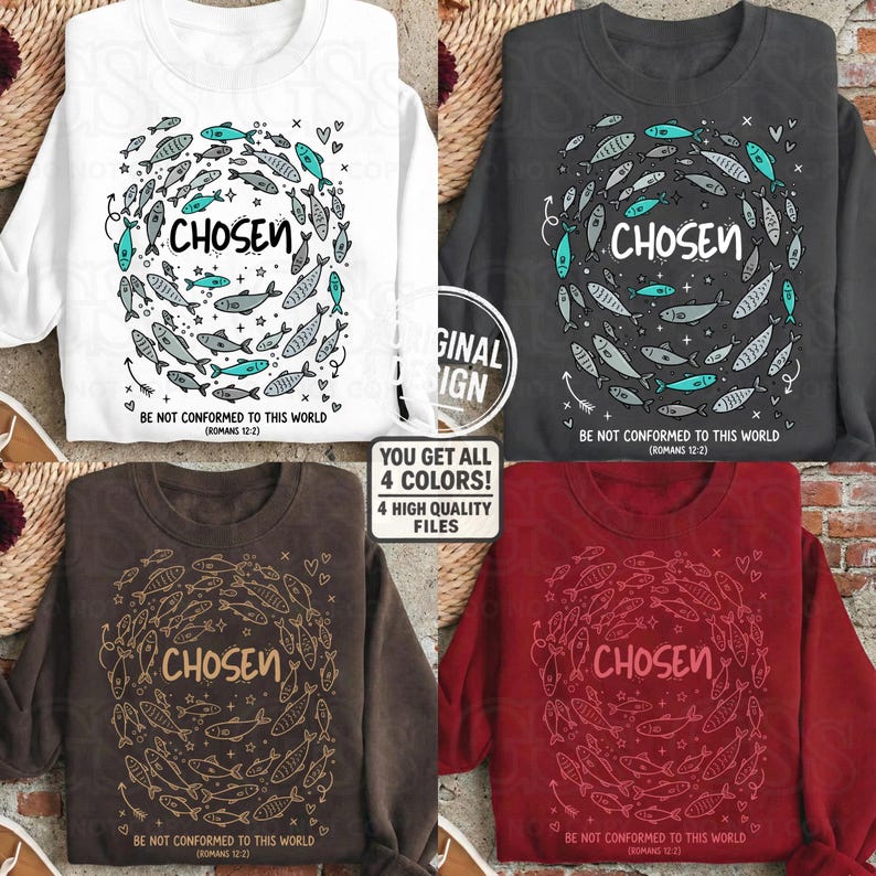 Product comparison showing 4 t-shirt colors with the "Chosen" Bible verse design in various fonts.
