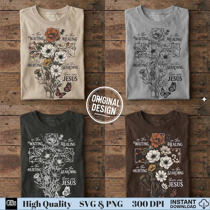 Four t-shirts in beige, grey, black, and brown displaying the floral cross Jesus design in different color variations.