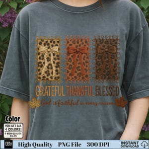 Dark grey tee with embroidered leopard bow patches and fall Bible quote for sublimation