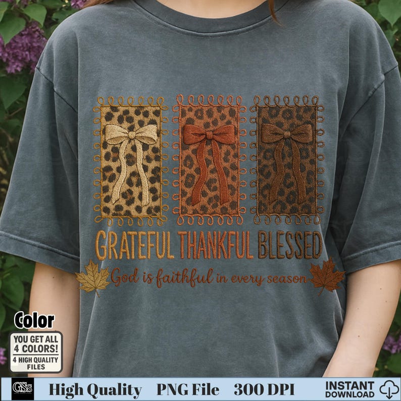 Dark grey tee with embroidered leopard bow patches and fall Bible quote for sublimation