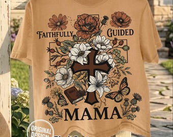 Christian Mom PNG, Floral Cross SVG, Faithfully Guided Mama, Vintage Bible Butterfly, Mothers Day, Sublimation Clipart