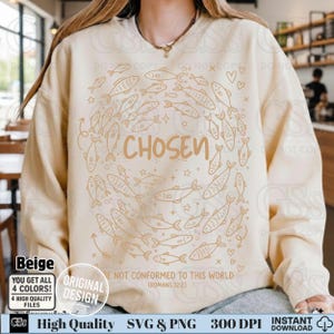 Close up of beige line-art "Chosen" design on a cream vintage style sweatshirt.