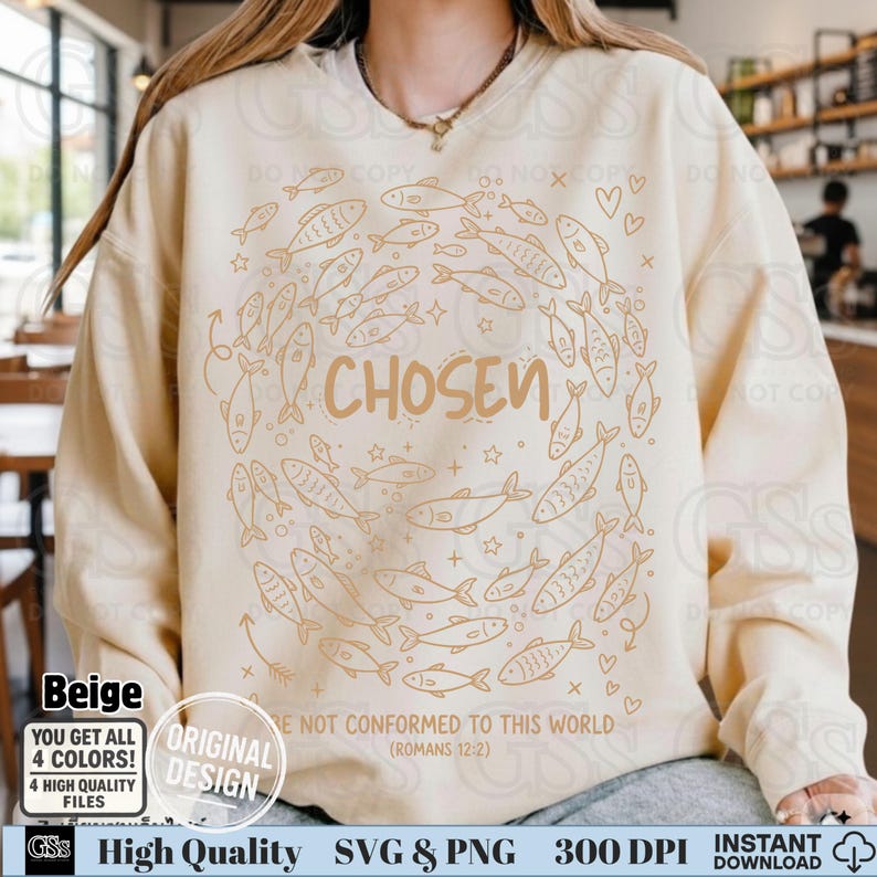 Close up of beige line-art "Chosen" design on a cream vintage style sweatshirt.