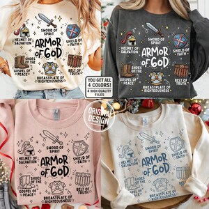 Set of 4 Armor of God PNG variations including Black Font White Font and Monotone sketches.