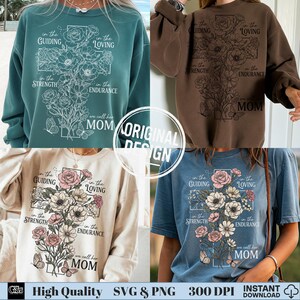 A collage of four women wearing different colored shirts and sweatshirts showcasing a vintage floral cross mom design.