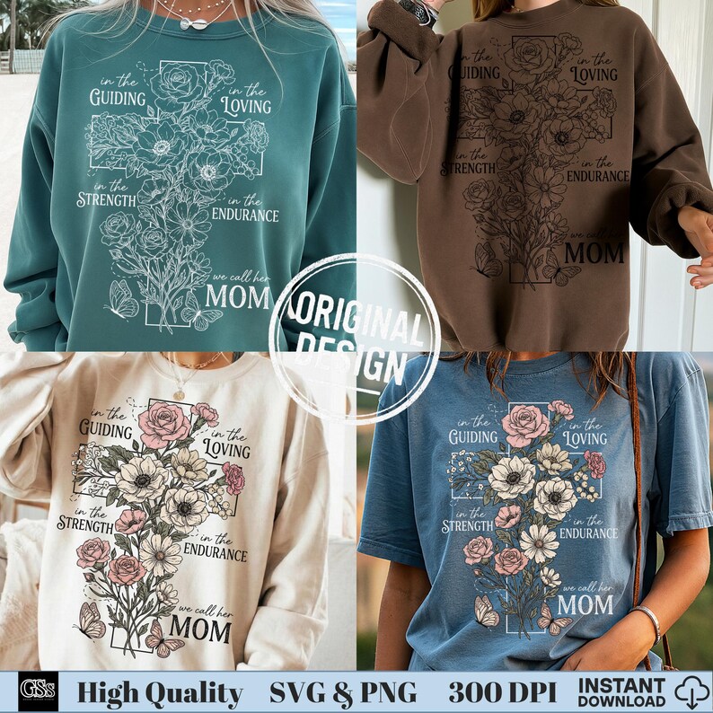 A collage of four women wearing different colored shirts and sweatshirts showcasing a vintage floral cross mom design.
