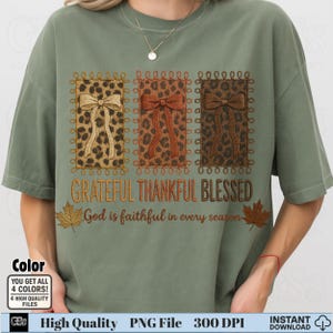 Olive green shirt with embroidery-style leopard bow patches and Christian grateful message