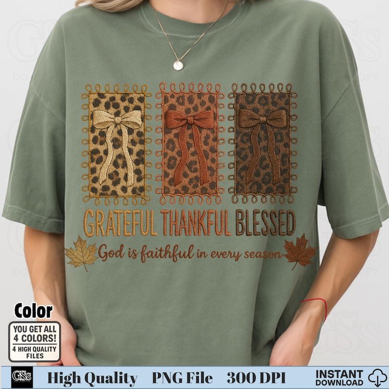 Olive green shirt with embroidery-style leopard bow patches and Christian grateful message