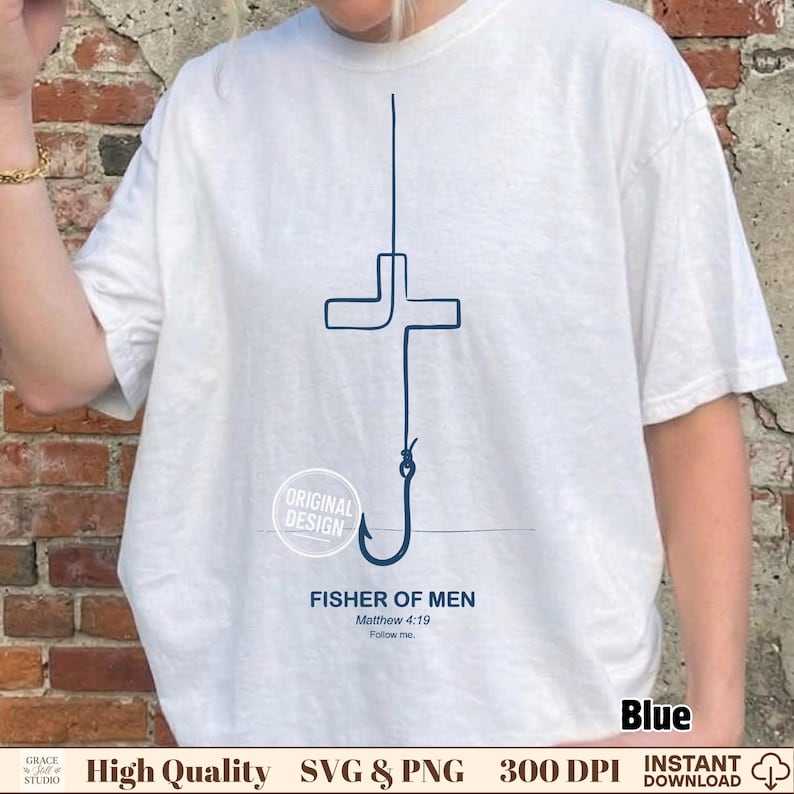 Matthew 4 19 Christian Fish Hook Cross Doodle Tee PNG Background