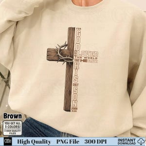 Religious wooden cross Bible verse PNG on beige sweatshirt mockup