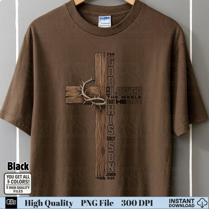 Wooden cross Bible verse John 3:16 PNG sublimation on brown shirt mockup