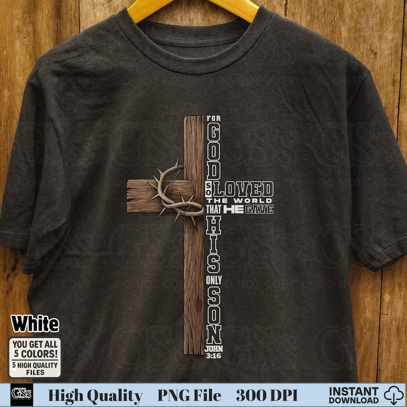 Christian scripture cross PNG digital download on dark gray shirt mockup