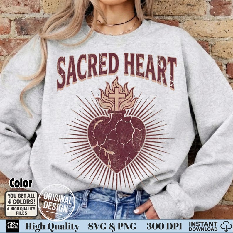 Color version of Modern Vintage Sacred Heart design on a cream sweatshirt mockup.