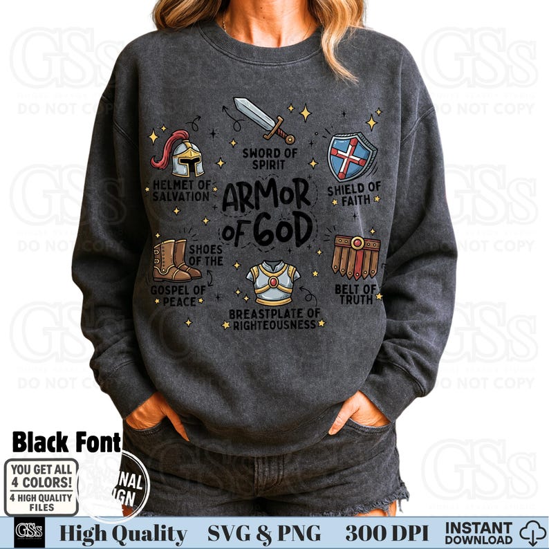 White font Armor of God sublimation design on dark grey sweatshirt.