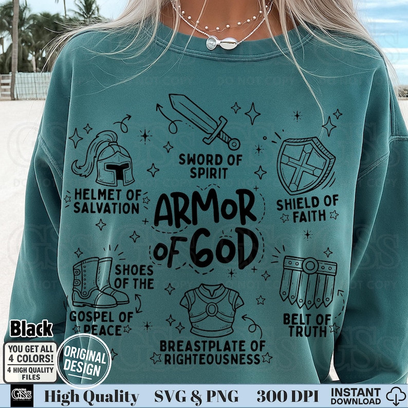 Close up of breastplate of righteousness and belt of truth icons on Christian apparel design.