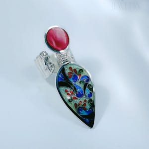Handmade Cloisonne enamel ring- sterling silver 925 Abjustable Statement ring - red & blue floral design - artisan jewelry giftfor her
